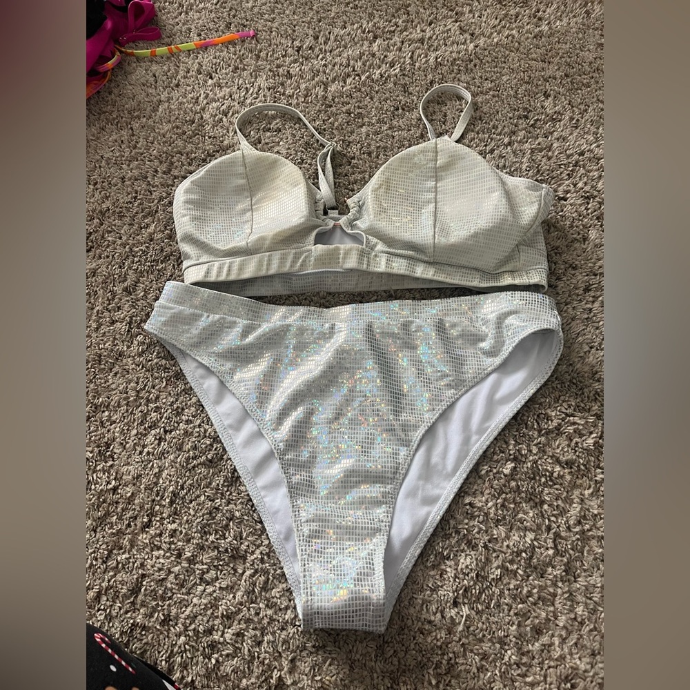 Glamorous Silver & White Bikini with Metallic Accents holographic top & bottoms